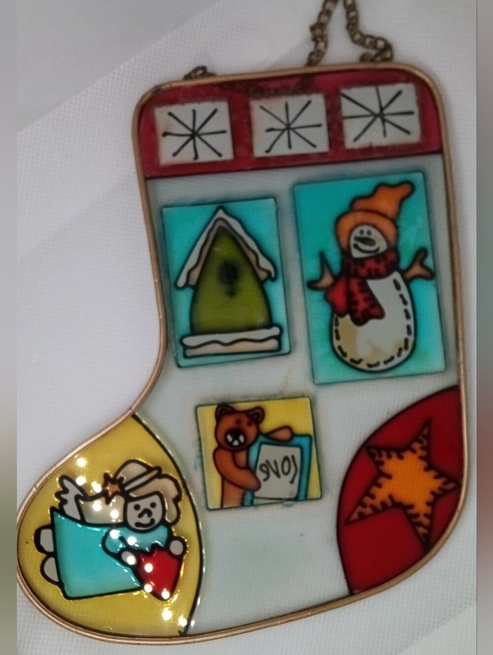 Stained Glass Holiday Stocking Window Sun Catcher Ornament - Vintage